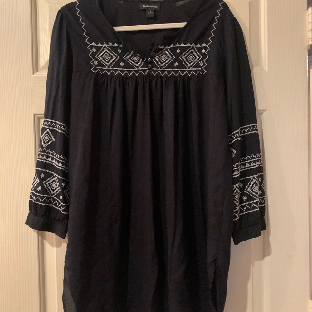 Black Tunic with White Geometric Embroidery